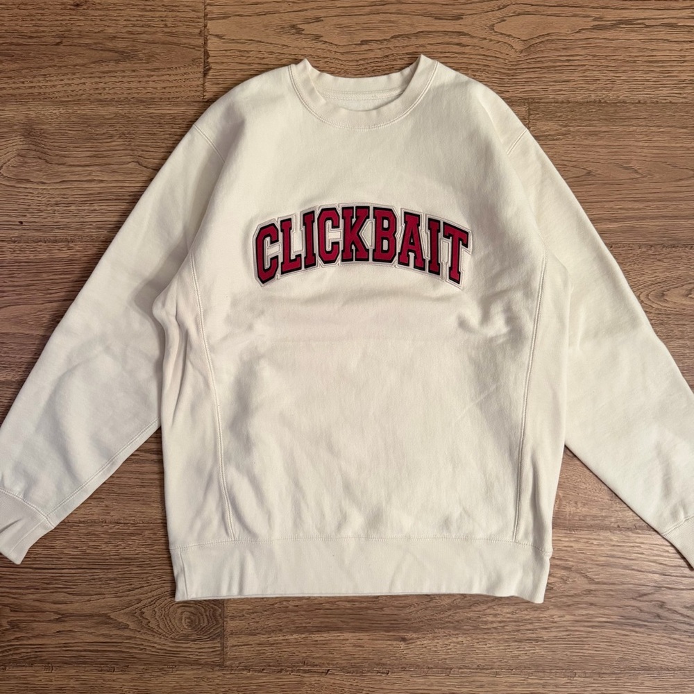 David Dobrik Clickbait FanJoy Cream Crewneck Pullover Sweater Mens Large EUC